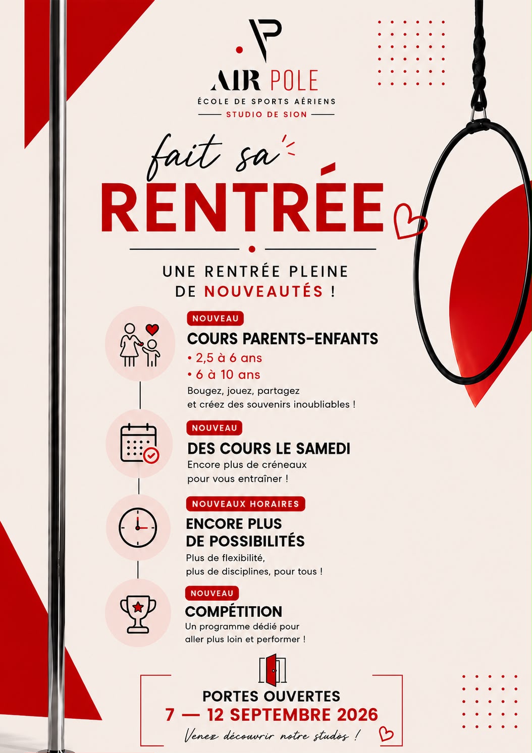 AirPole fait sa rentrée ! Nouveautés : cours parents-enfants (2,5 à 6 ans et 6 à 10 ans), cours le samedi, nouveaux horaires et programme compétition. Portes ouvertes du 7 au 12 septembre 2026 — venez découvrir notre studio.